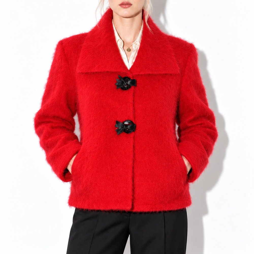 80s Vintage Red Angora Jacket Womens S Soft Focus Statement A Line Oversized Fit